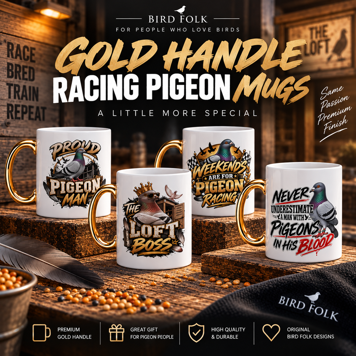 Gold Handle Racing Pigeon Mugs