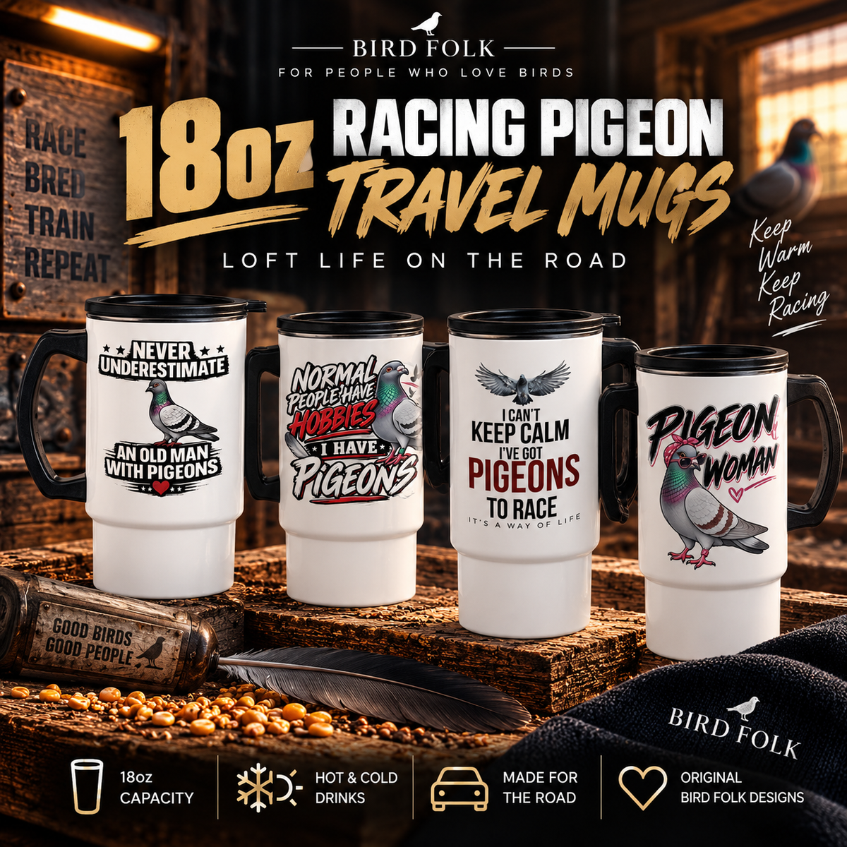 18oz Racing Pigeon Travel Mugs