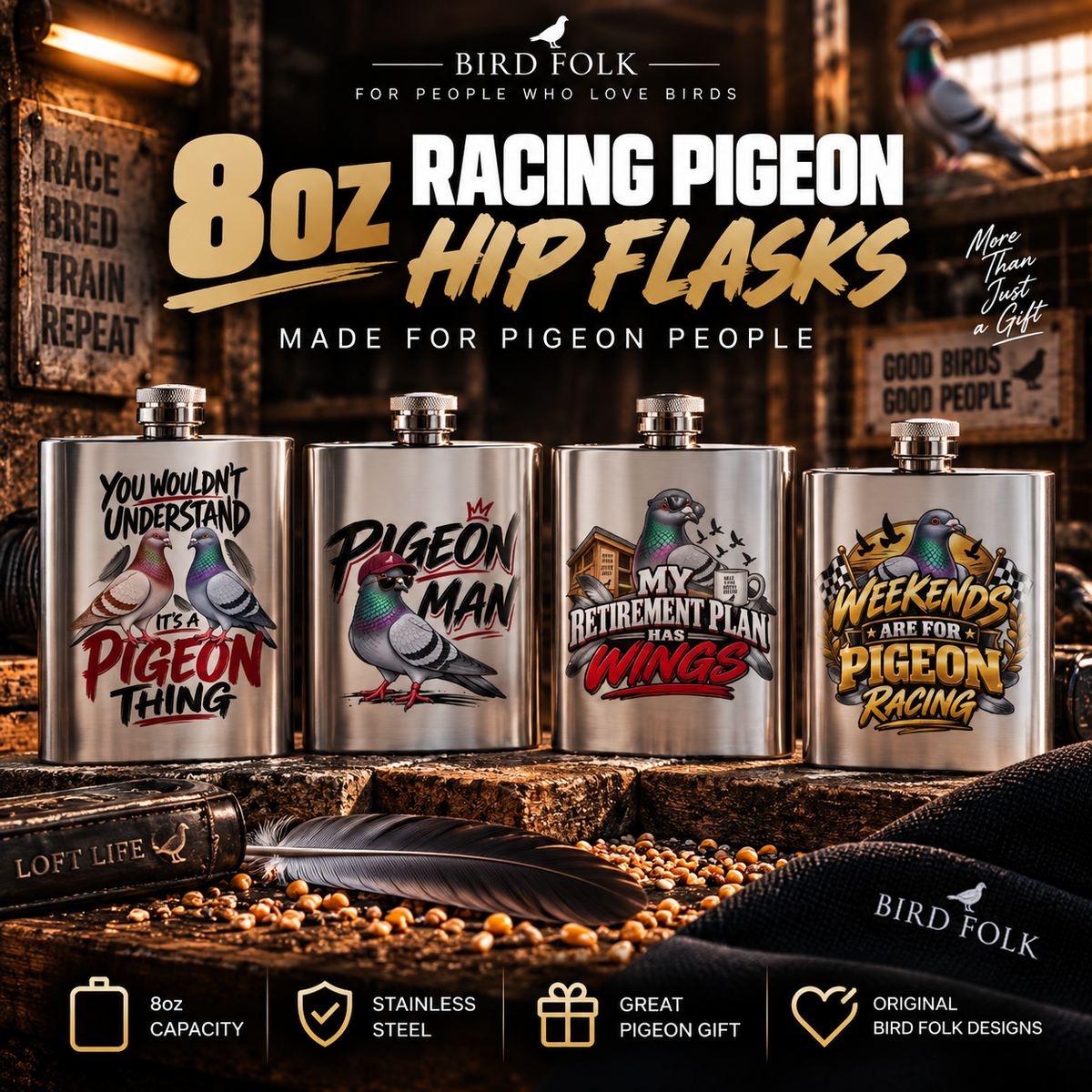 8oz Racing Pigeon Hip Flasks