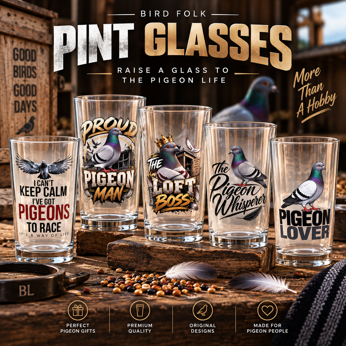 Racing Pigeon Pint Glasses