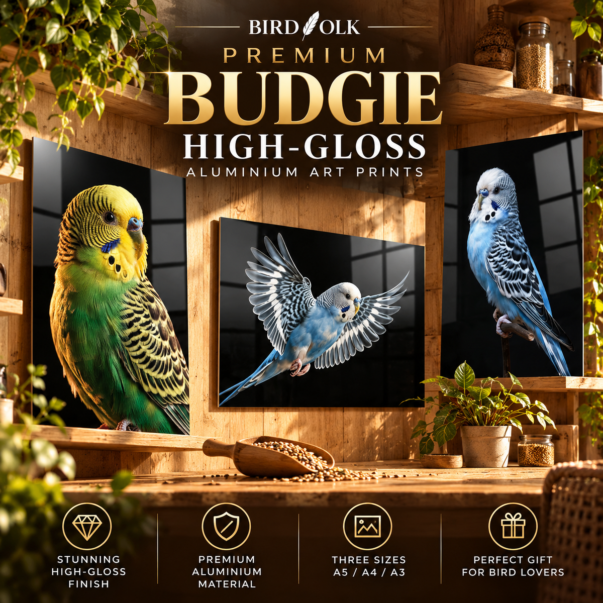 Budgie High-Gloss Aluminium Art Prints