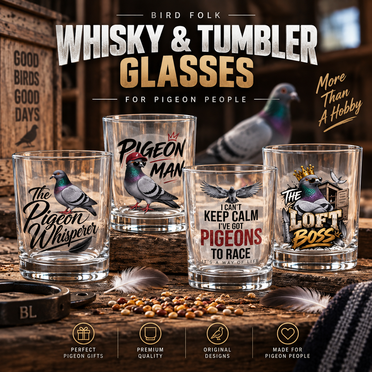Racing Pigeon Whisky & Tumbler Glasses