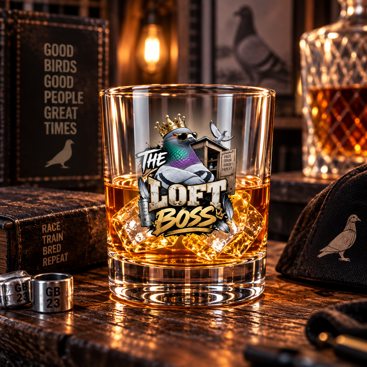 The Loft Boss – Blue Bar – Racing Pigeon Whisky Glass