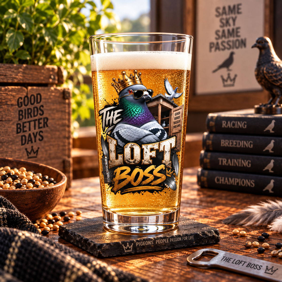 The Loft Boss – Blue Bar – Racing Pigeon Pint Glass