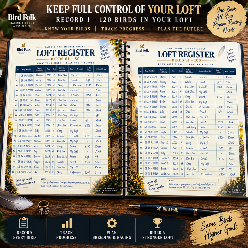 The Complete Racing Pigeon Loft Record Book – 52 Weeks, Up to 120 Birds, Complete Season Planner