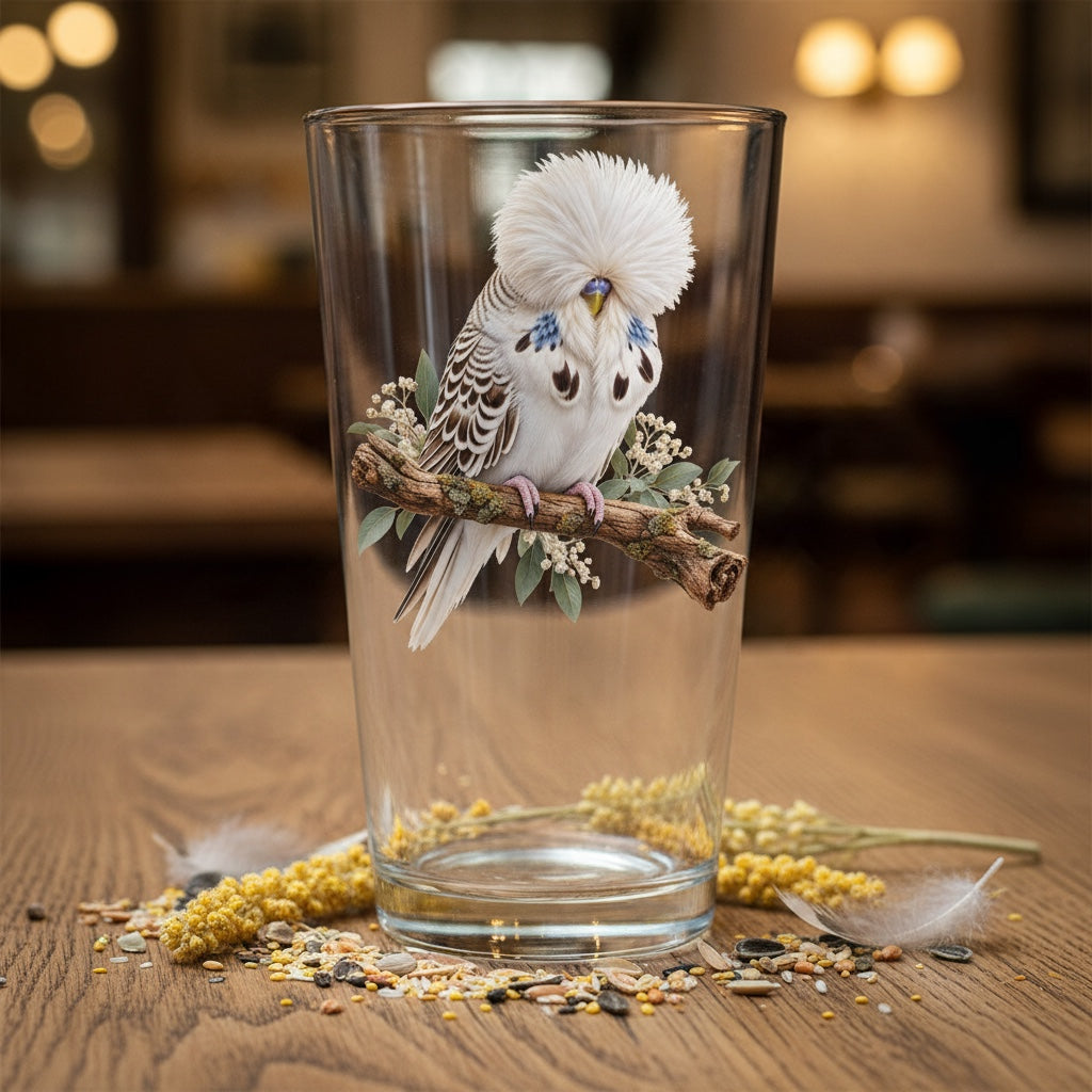 White Exhibition Budgie – Pint Glass