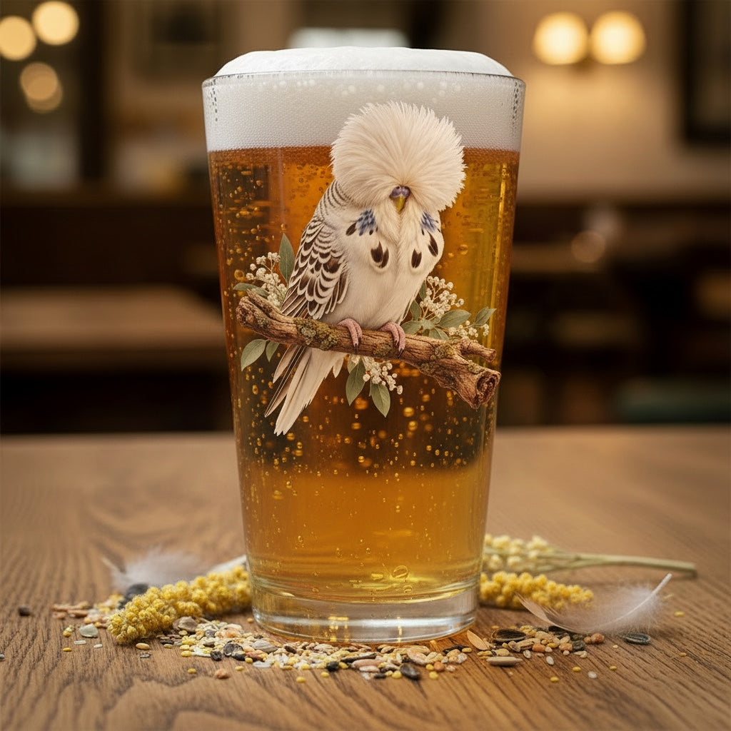 White Exhibition Budgie – Pint Glass