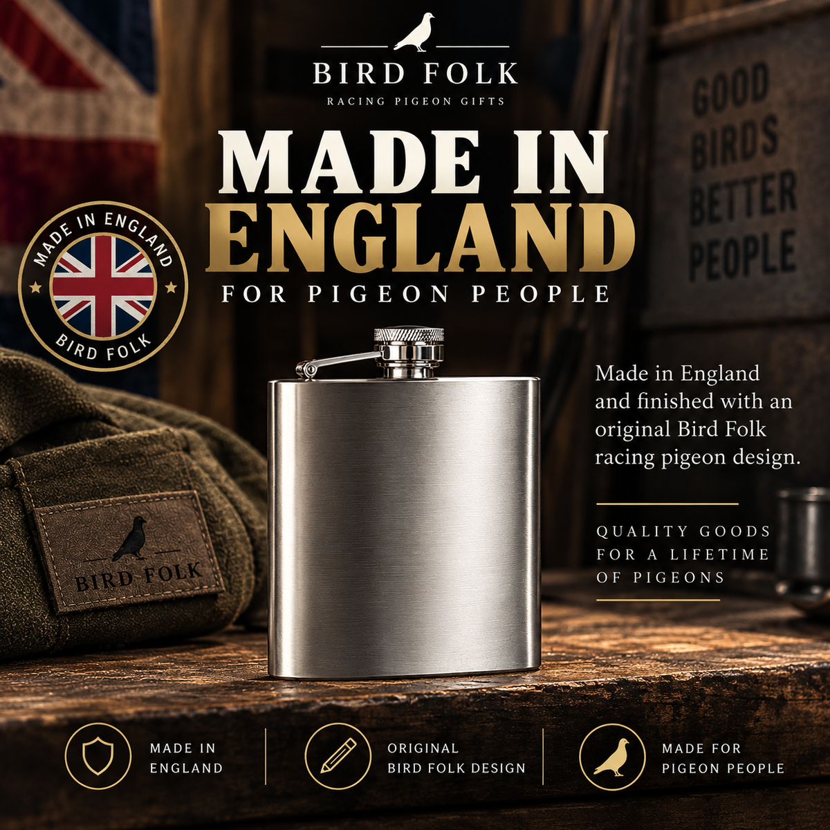 The Loft Boss – Red Bar – 8oz Racing Pigeon Hip Flask