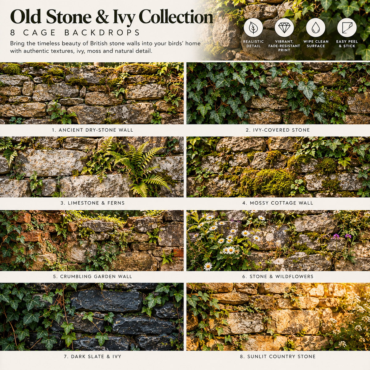 Old Stone & Ivy — Self-Adhesive Breeding Cage Backdrops