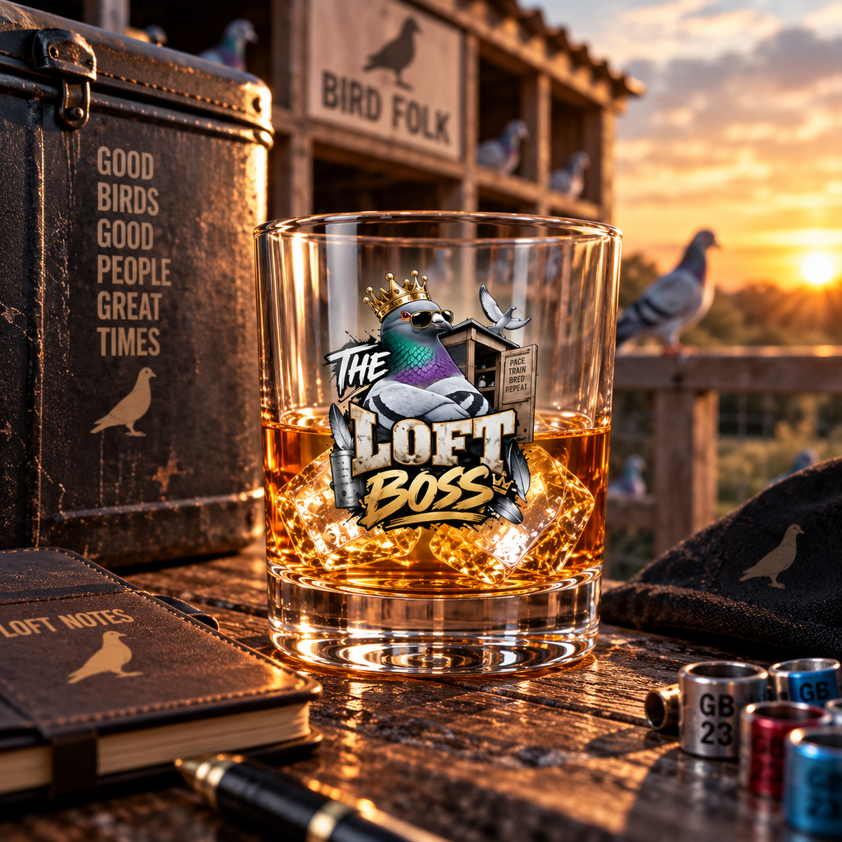 The Loft Boss – Blue Bar – Racing Pigeon Whisky Glass