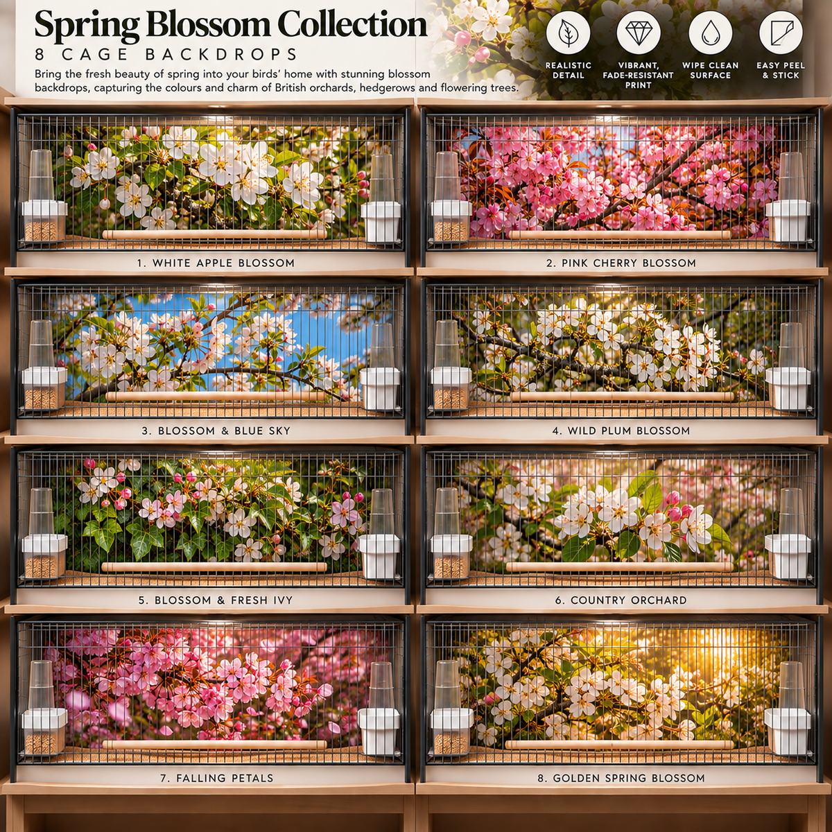 Spring Blossom — Self-Adhesive Breeding Cage Backdrops