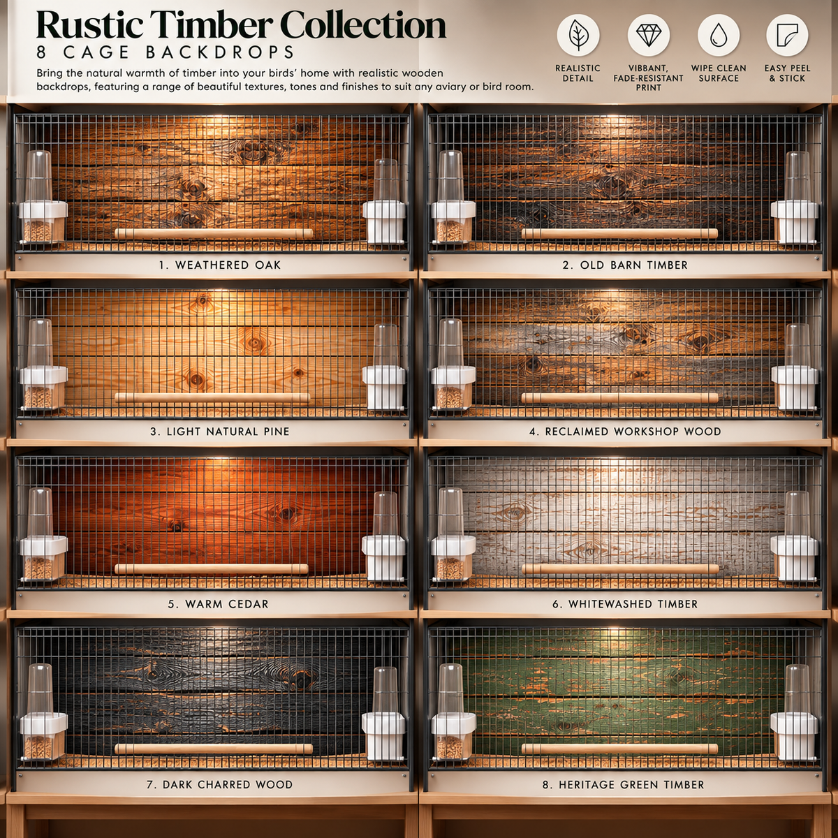 Rustic Timber — Self-Adhesive Breeding Cage Backdrops