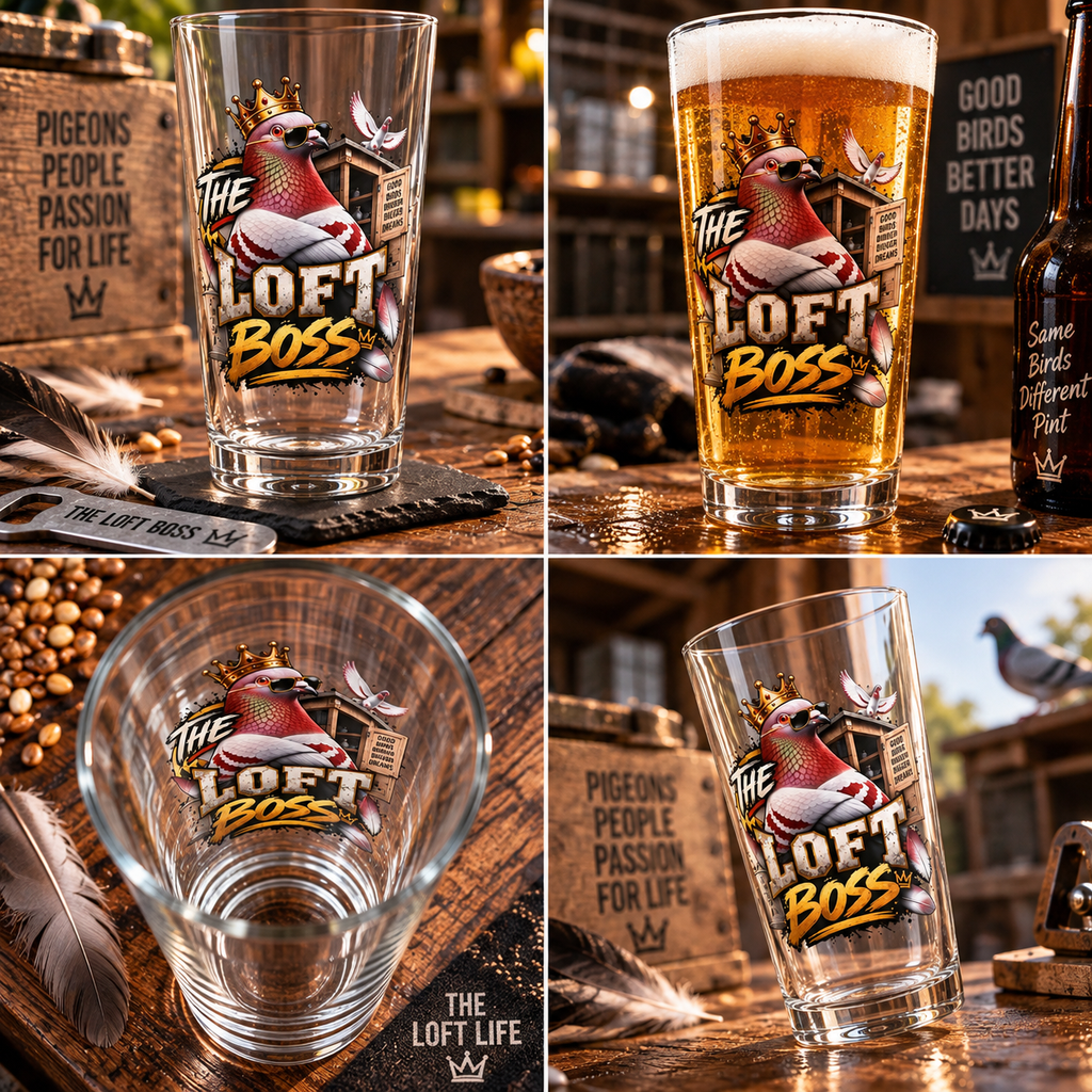 The Loft Boss – Red Bar – Racing Pigeon Pint Glass
