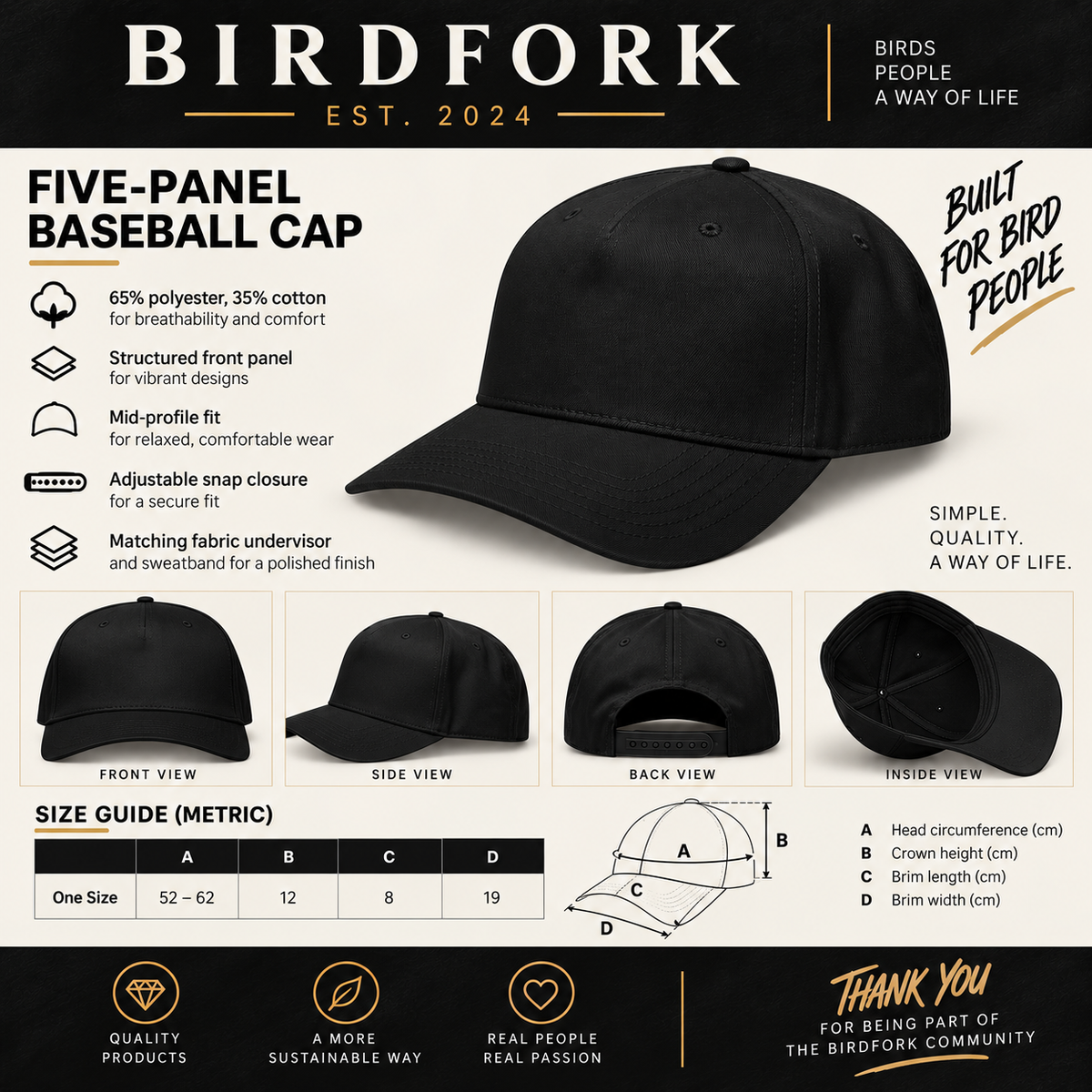 Bird Lounge Minimal 5-Panel Cap — Black