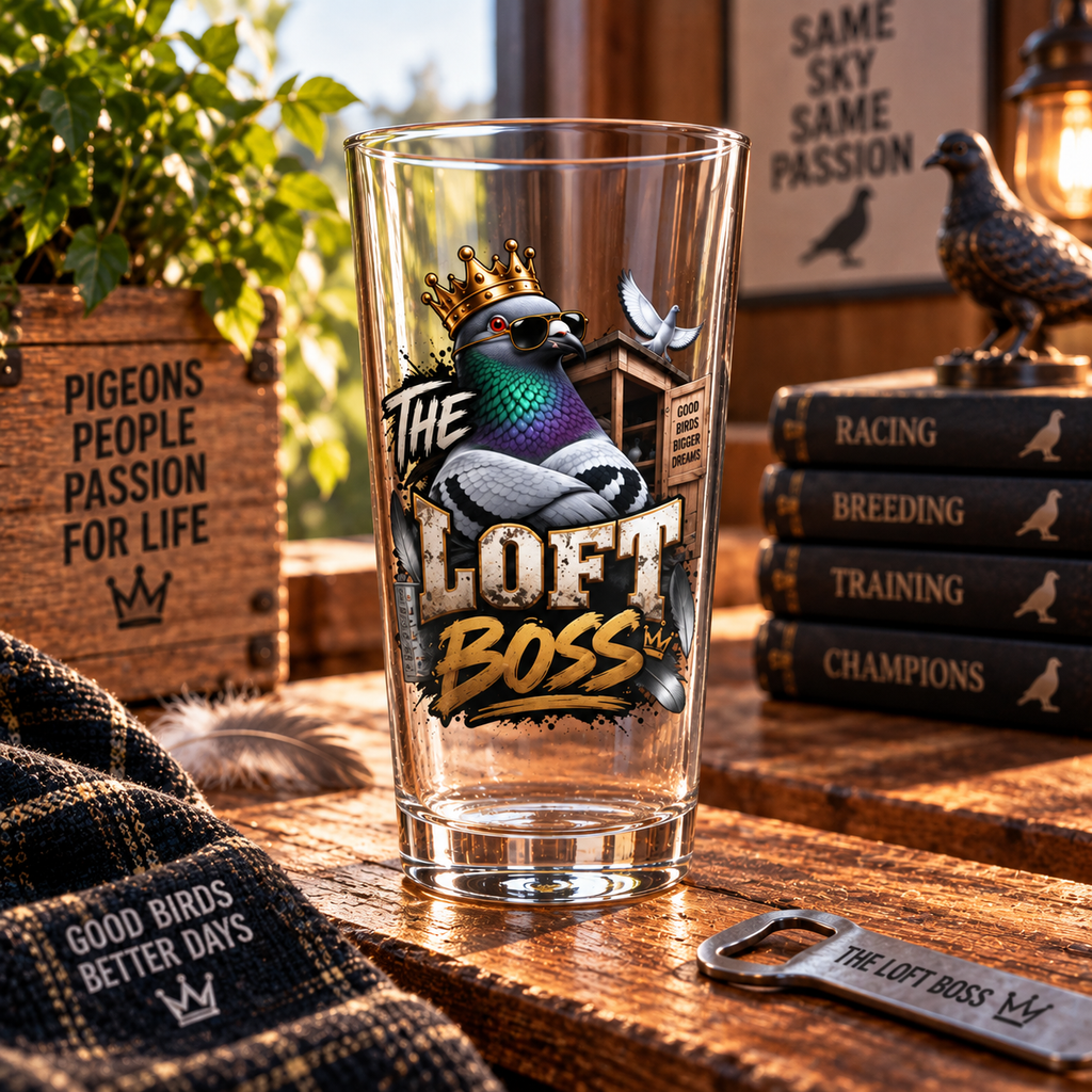 The Loft Boss – Blue Bar – Racing Pigeon Pint Glass