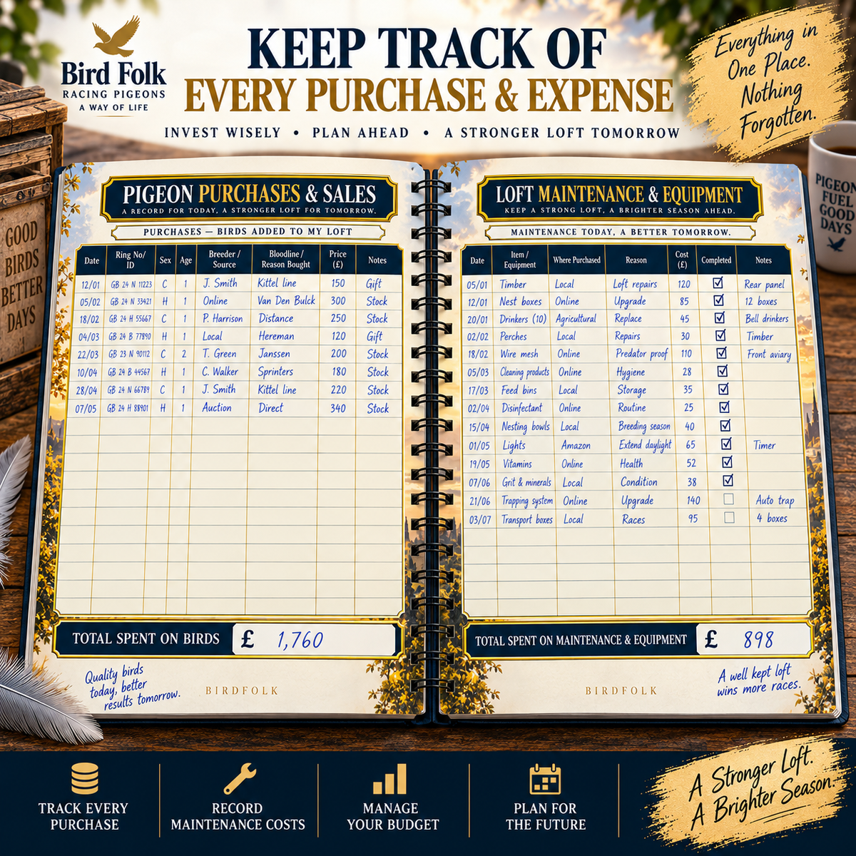 The Complete Racing Pigeon Loft Record Book – 52 Weeks, Up to 120 Birds, Complete Season Planner
