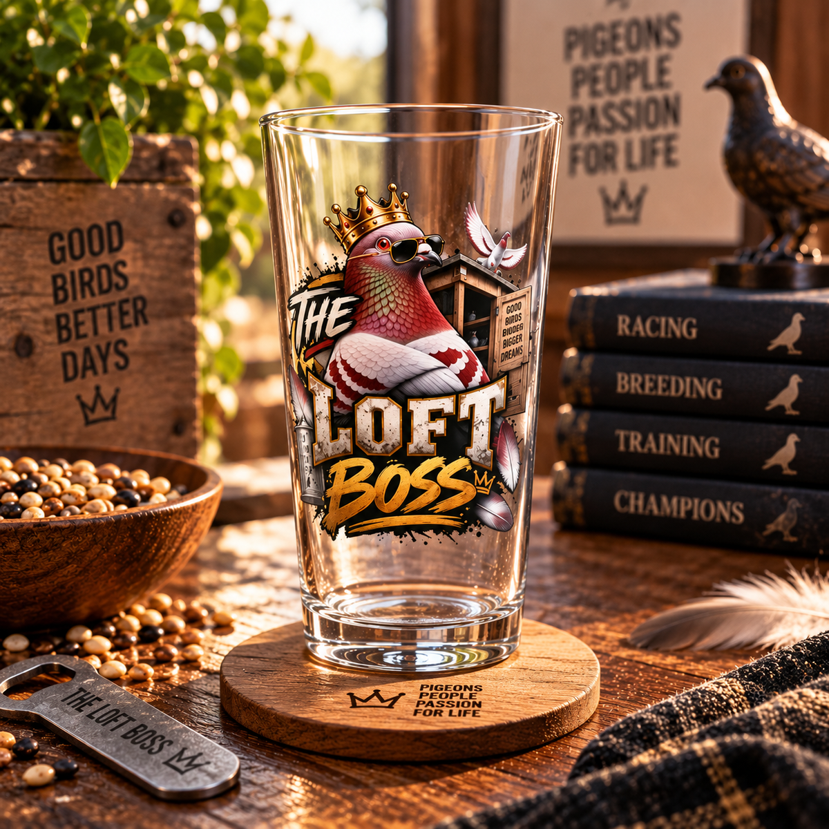The Loft Boss – Red Bar – Racing Pigeon Pint Glass