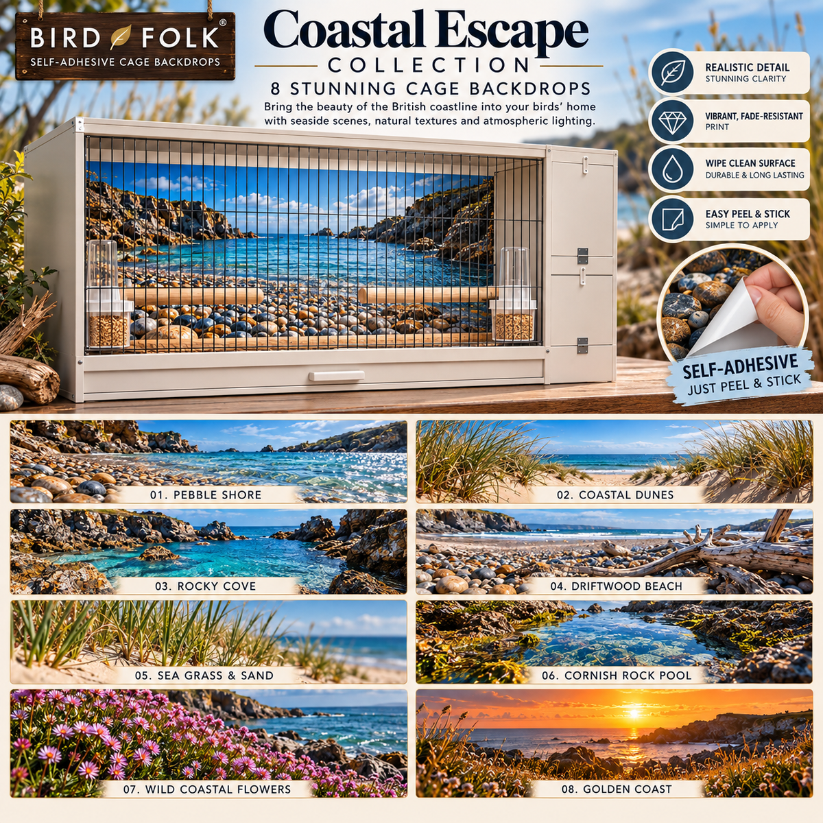 Coastal Escape — Self-Adhesive Breeding Cage Backdrops