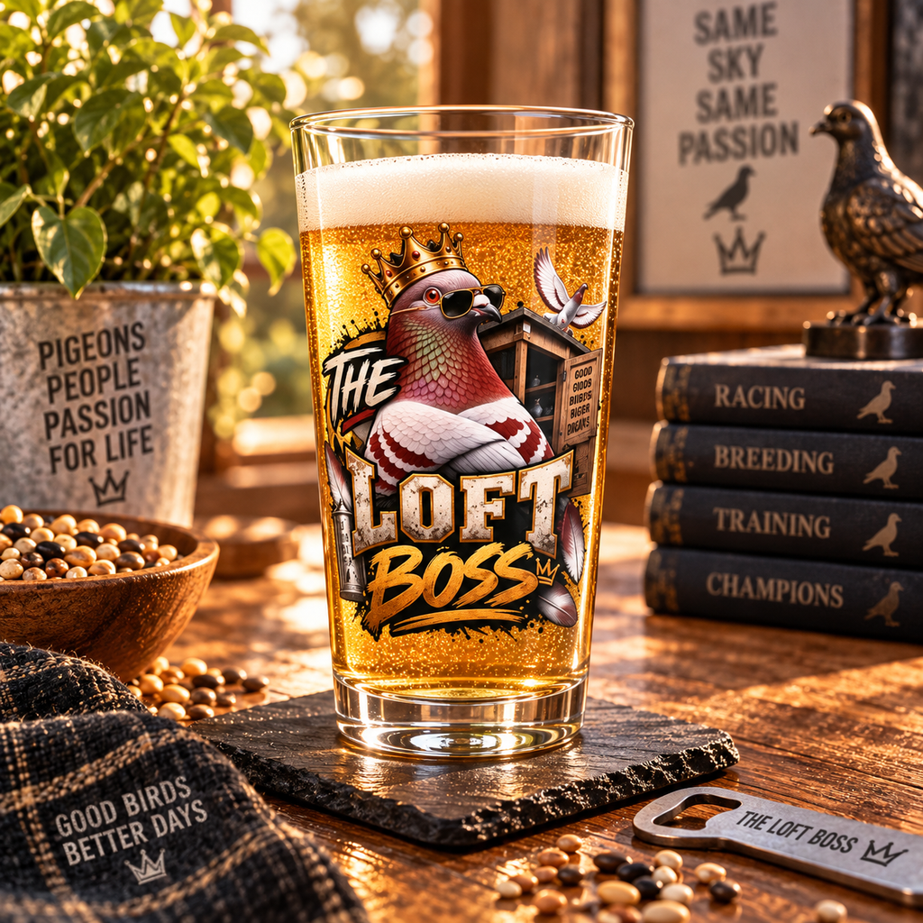 The Loft Boss – Red Bar – Racing Pigeon Pint Glass