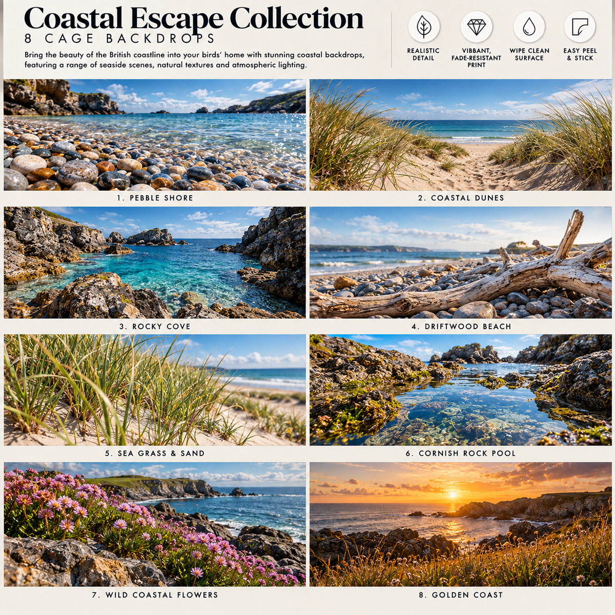 Coastal Escape — Self-Adhesive Breeding Cage Backdrops