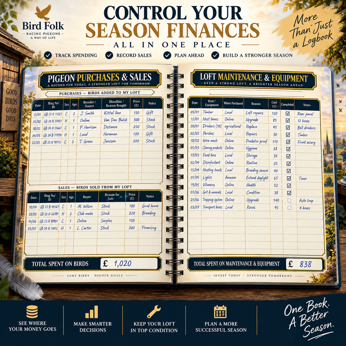 The Complete Racing Pigeon Loft Record Book – 52 Weeks, Up to 120 Birds, Complete Season Planner