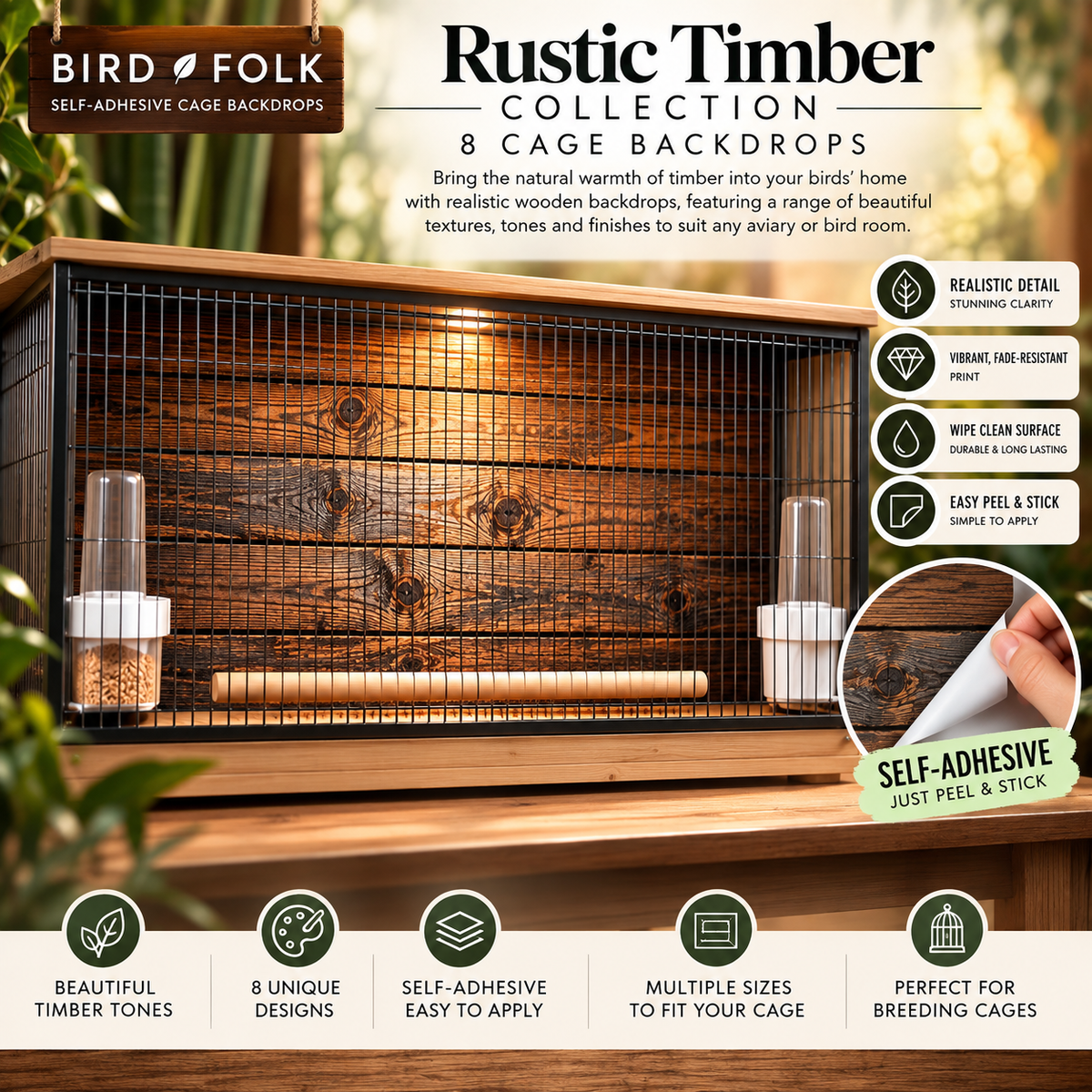 Rustic Timber — Self-Adhesive Breeding Cage Backdrops