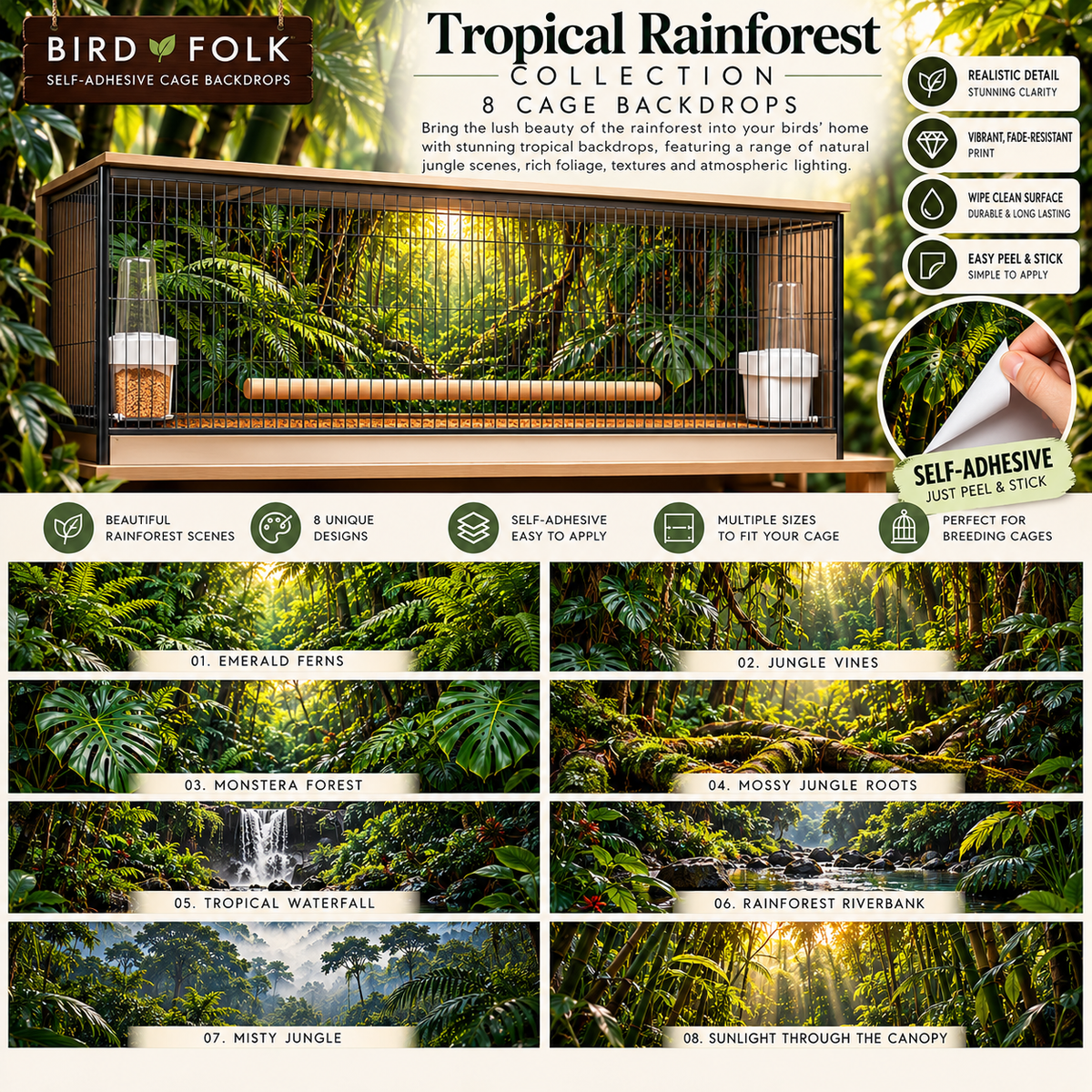 Tropical Rainforest — Self-Adhesive Breeding Cage Backdrops