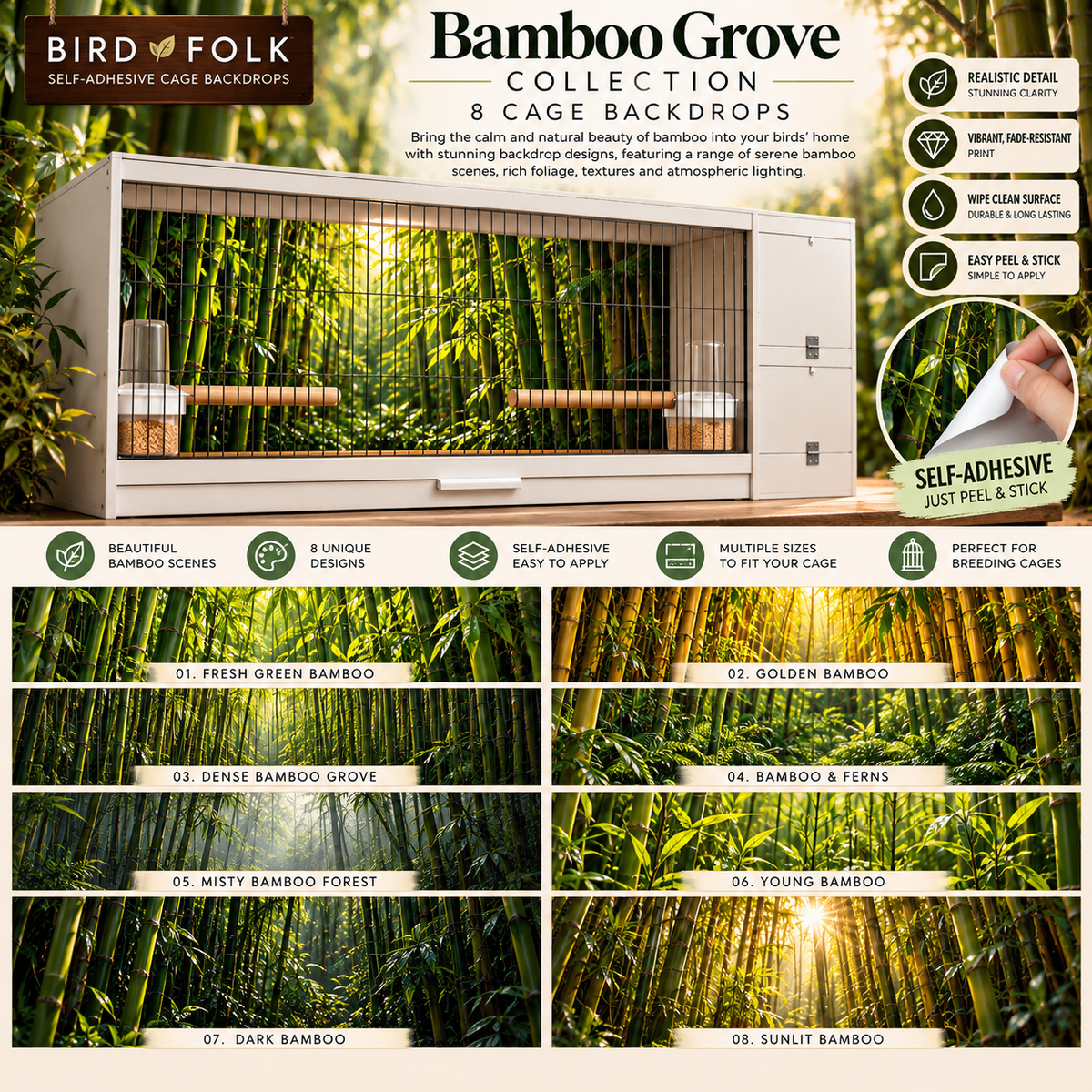 Bamboo Grove — Self-Adhesive Breeding Cage Backdrops