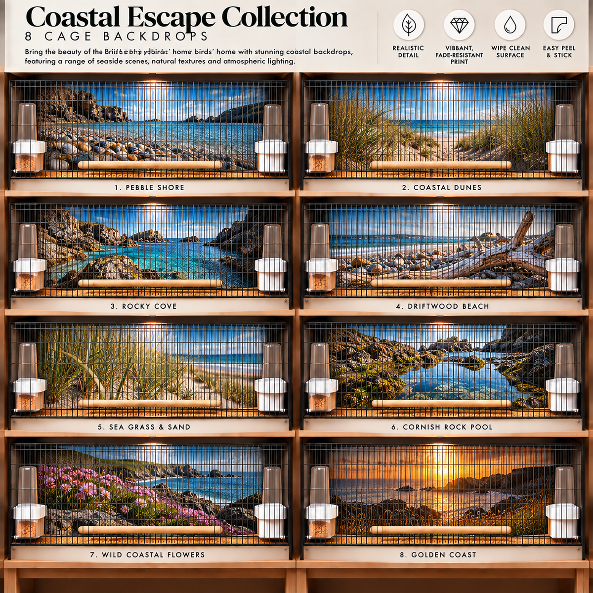Coastal Escape — Self-Adhesive Breeding Cage Backdrops