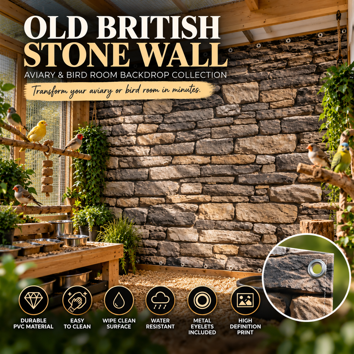 Old British Stone Wall — Aviary & Bird Room Backdrop Collection