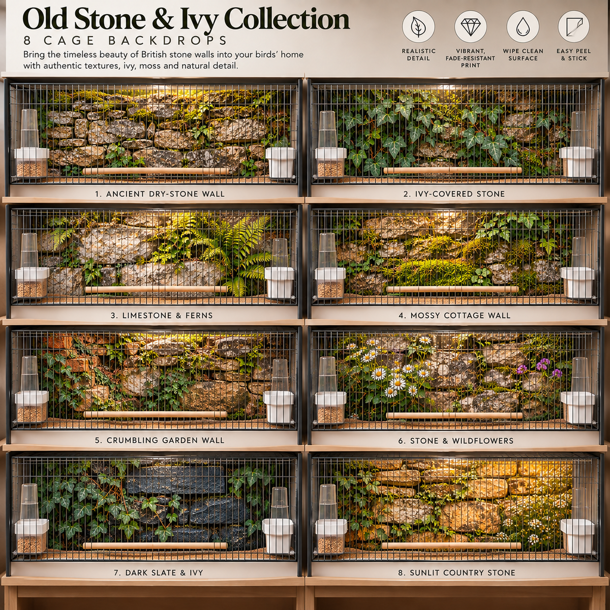 Old Stone & Ivy — Self-Adhesive Breeding Cage Backdrops