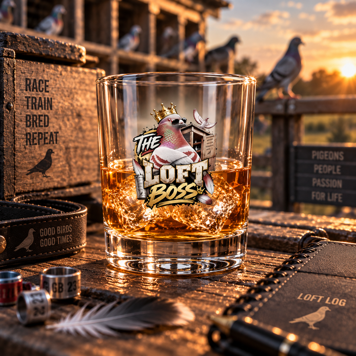 The Loft Boss – Red Bar – Racing Pigeon Whisky Glass