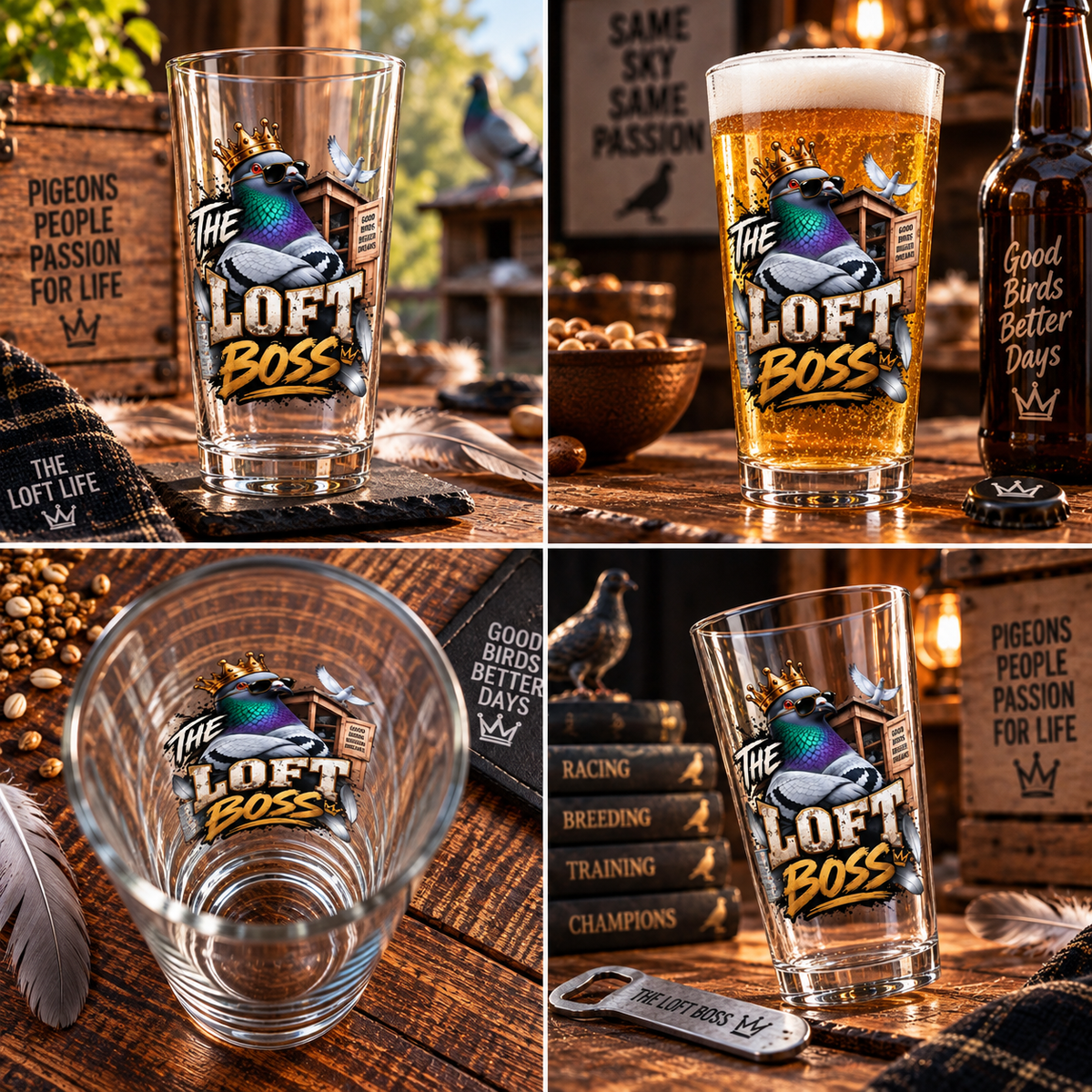 The Loft Boss – Blue Bar – Racing Pigeon Pint Glass