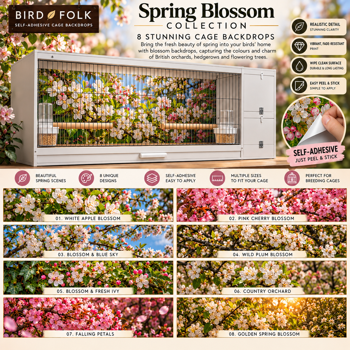 Spring Blossom — Self-Adhesive Breeding Cage Backdrops