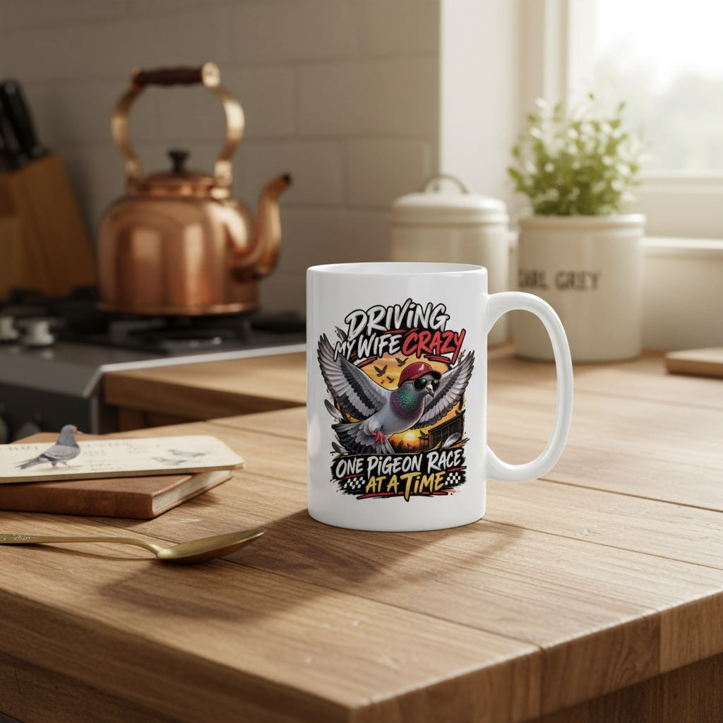 Driving My Wife Crazy – One Pigeon Race at a Time – Racing Pigeon Mug – 11oz & 15oz