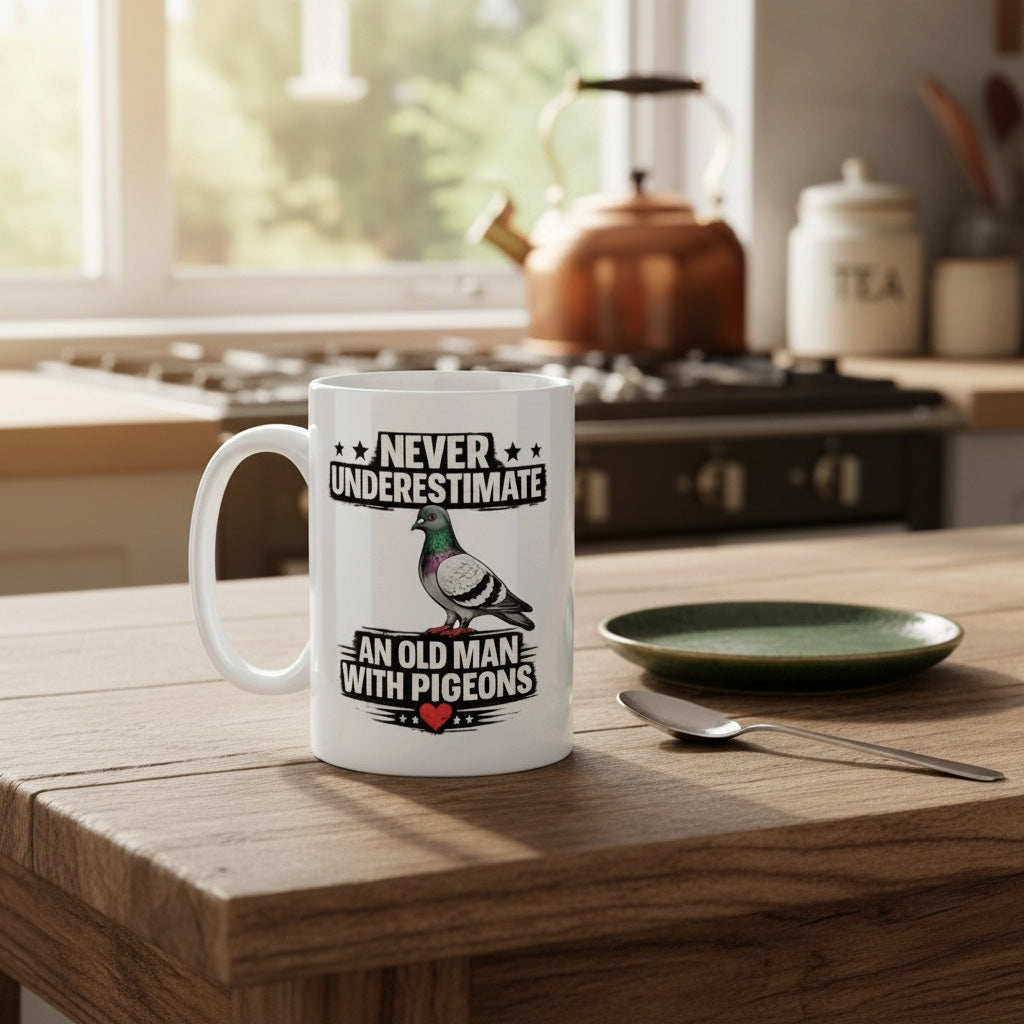 Never Underestimate an Old Man with His Pigeons – Racing Pigeon Mug – 11oz & 15oz