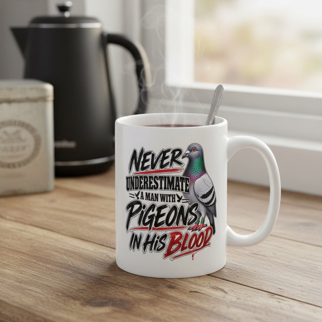 Never Underestimate a Man with Pigeons in His Blood – Racing Pigeon Mug – 11oz & 15oz