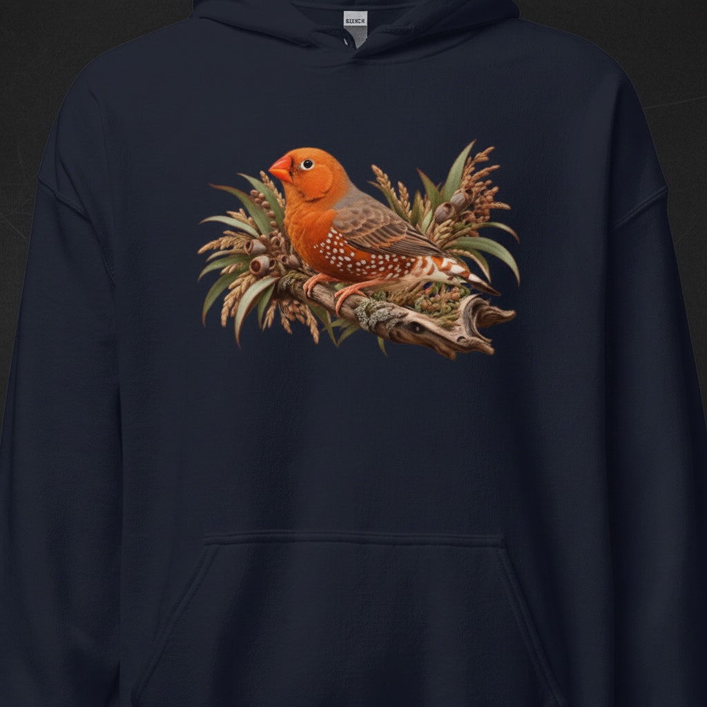 Orange Botanical Zebra Finch Hoodie – Front Print | Bird Folk