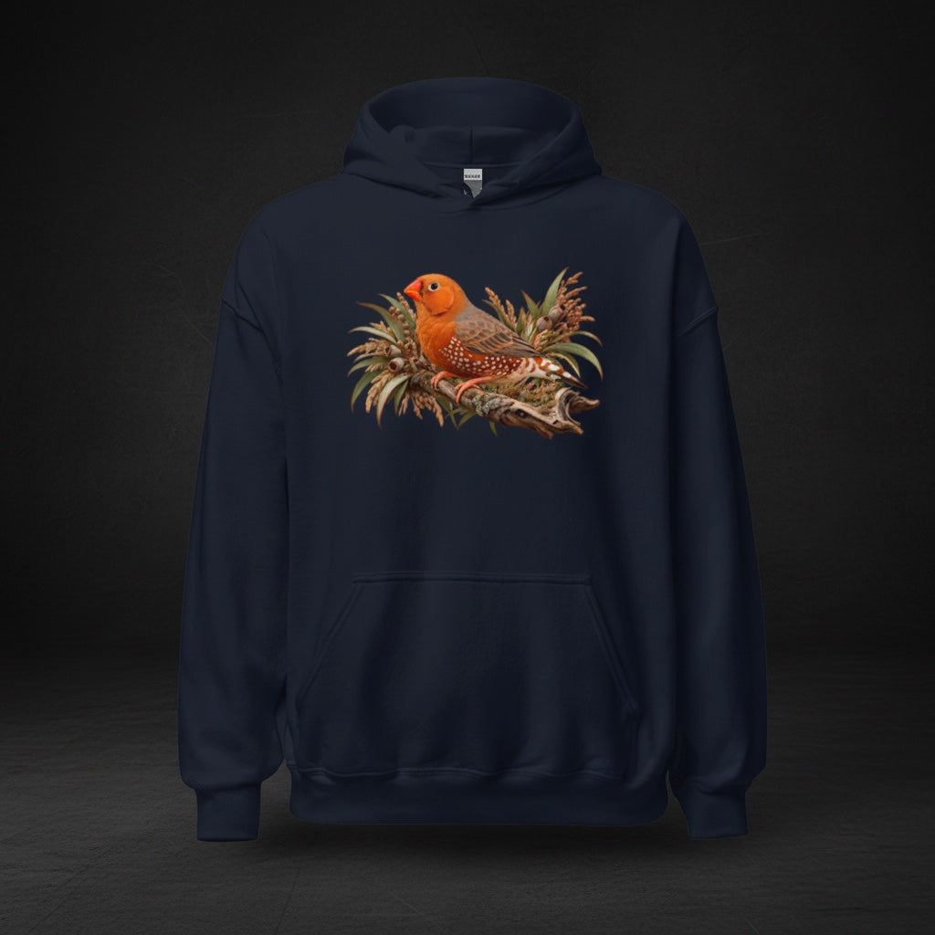 Orange Botanical Zebra Finch Hoodie – Front Print | Bird Folk