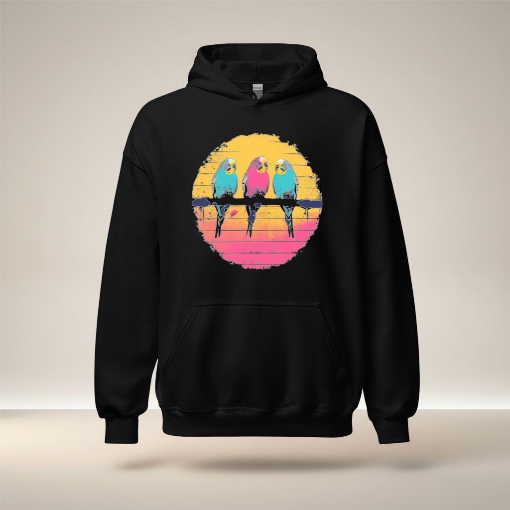Three Budgies Sunset Hoodie – Colourful Front Print