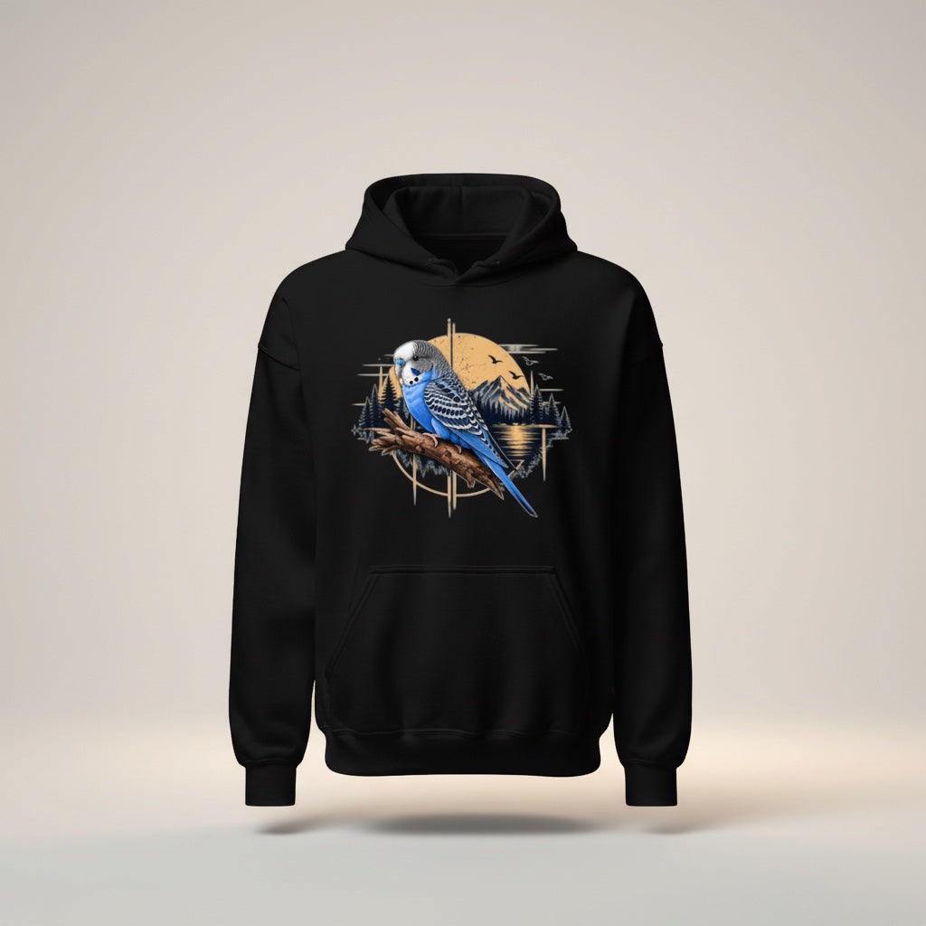 Blue Budgie Mountain Sunset Hoodie – Scenic Front Print