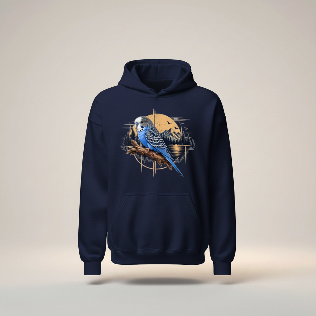 Blue Budgie Mountain Sunset Hoodie – Scenic Front Print