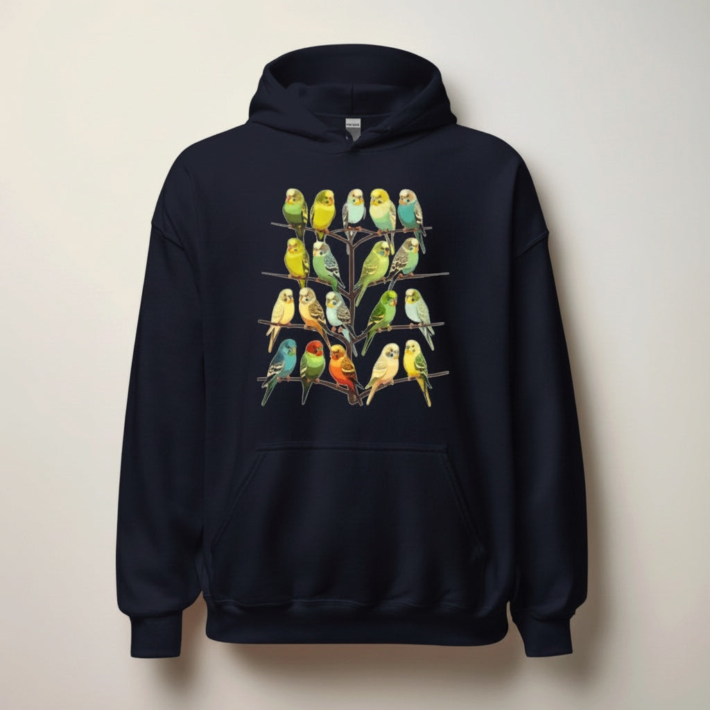 Colourful Budgie Flock Hoodie – Multi-Budgie Front Print