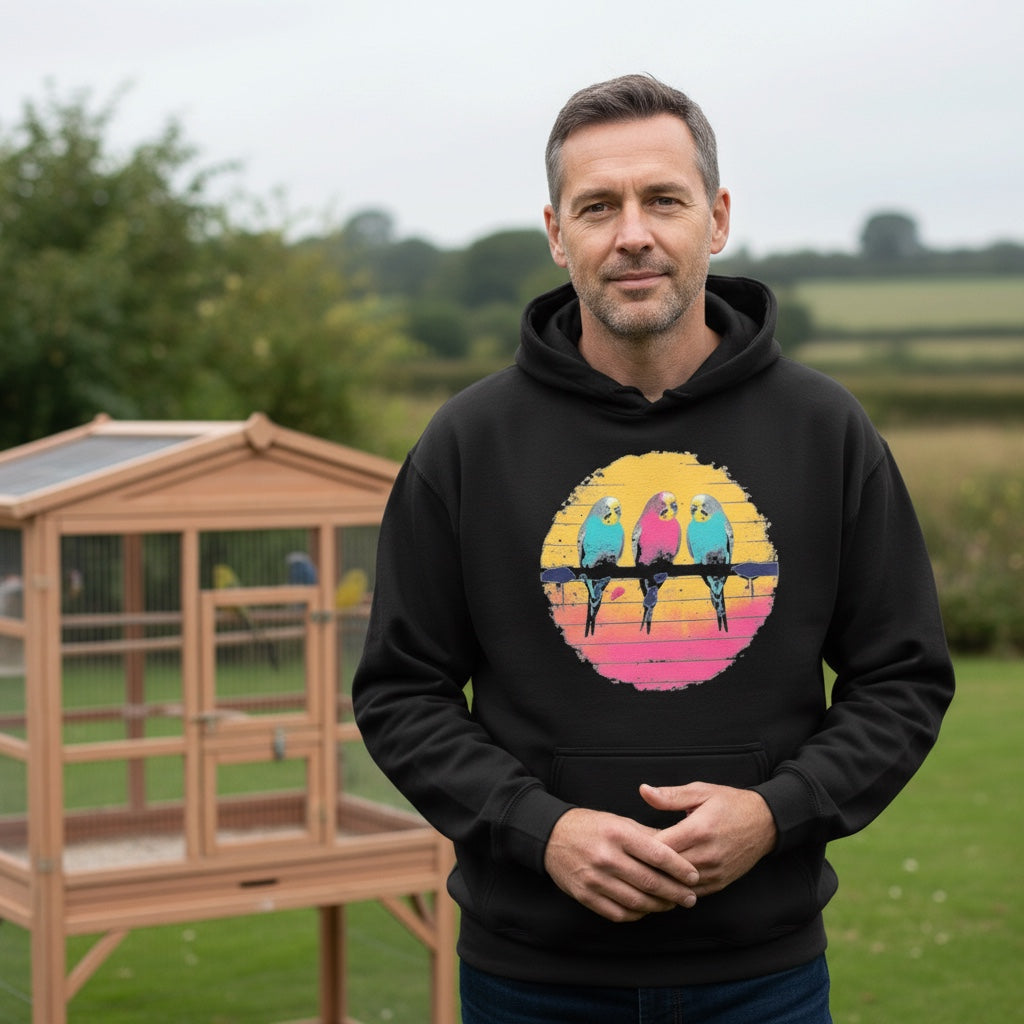Three Budgies Sunset Hoodie – Colourful Front Print