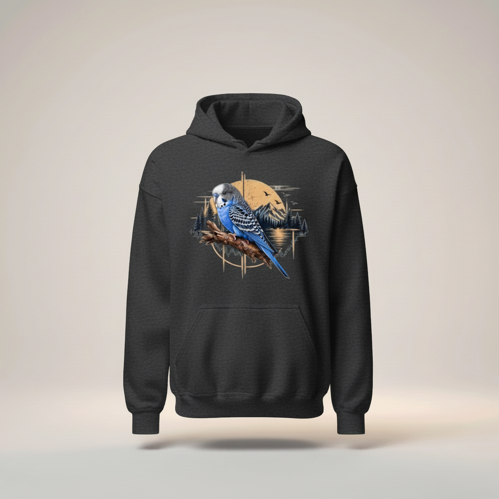 Blue Budgie Mountain Sunset Hoodie – Scenic Front Print