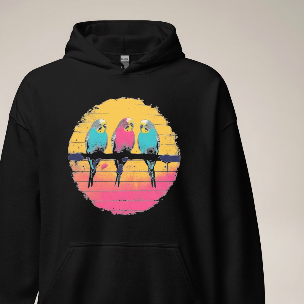 Three Budgies Sunset Hoodie – Colourful Front Print