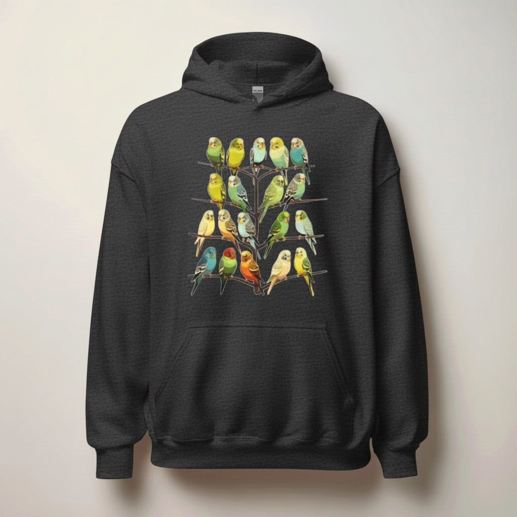 Colourful Budgie Flock Hoodie – Multi-Budgie Front Print