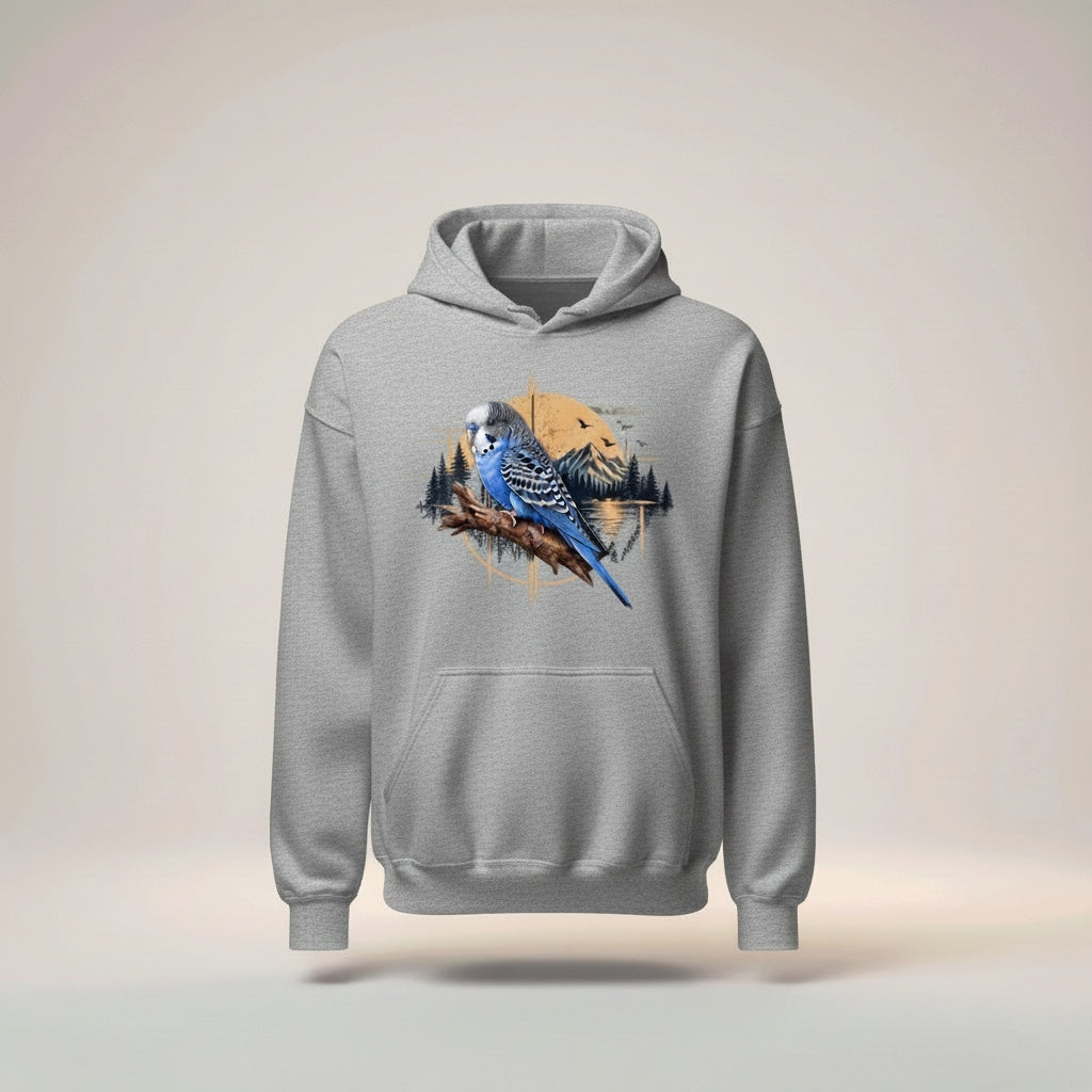 Blue Budgie Mountain Sunset Hoodie – Scenic Front Print
