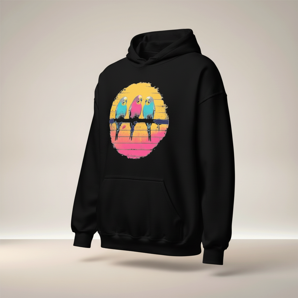 Three Budgies Sunset Hoodie – Colourful Front Print