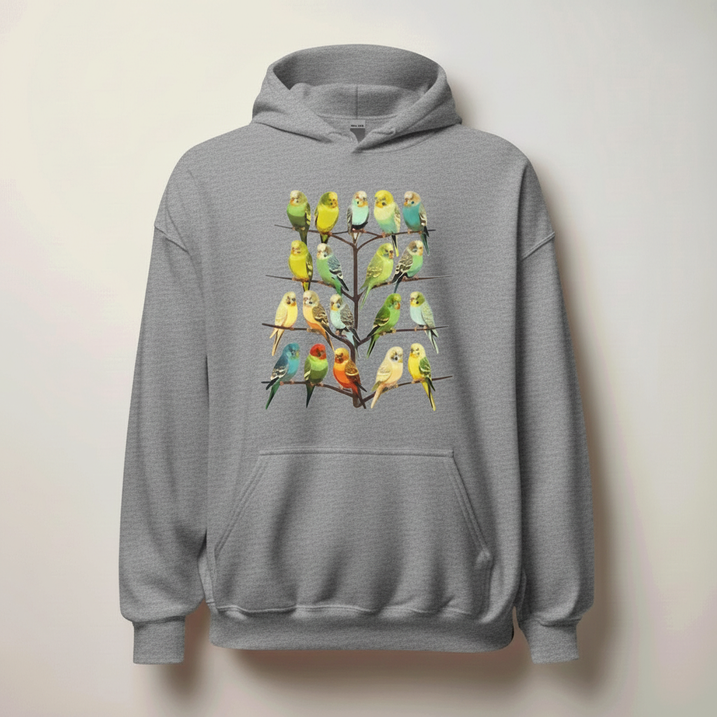 Colourful Budgie Flock Hoodie – Multi-Budgie Front Print